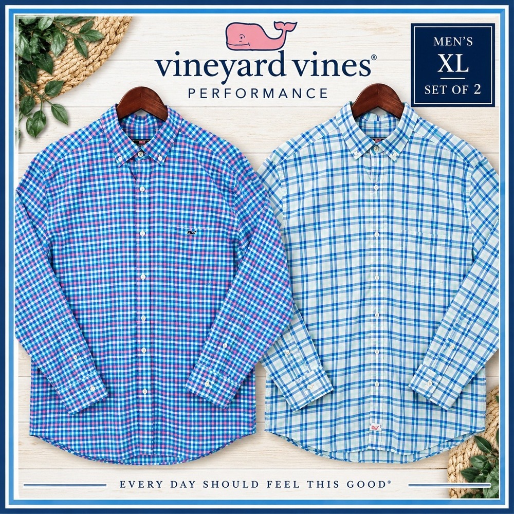 Vineyard Vines Tucker Murray Shirts Mens XL Blue Gingham Plaid Performance Lot 2